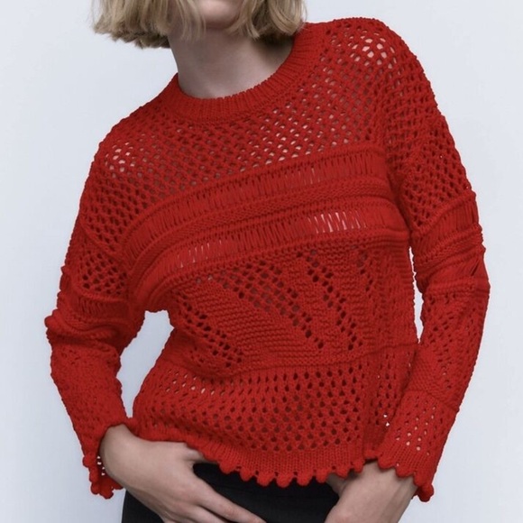 Zara Women S Red Pointelle Open Knit Pom Pom Trim Crew Neck Pullover Sweater - Picture 1 of 8